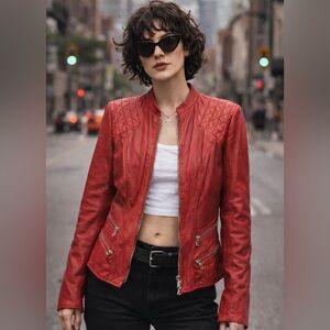 Danier Coral Red Leather Moto Jacket Small